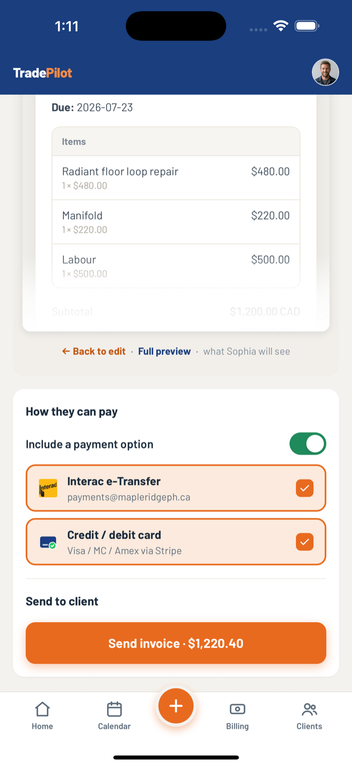 TradePilot invoice with payment options