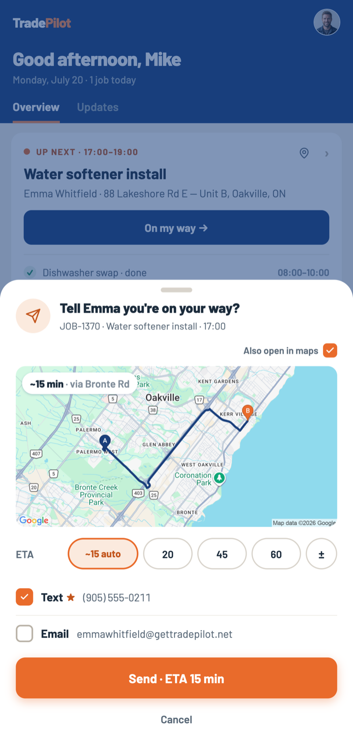 TradePilot on-my-way text with route map and ETA