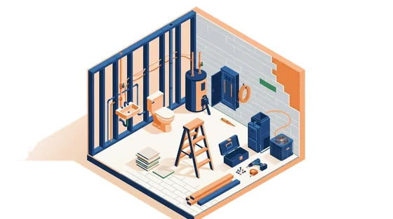 Illustration of a bathroom mid-renovation in cutaway, with a bare stud wall, a tiled wall, a ladder and materials