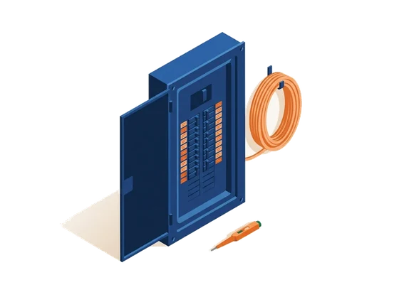 Illustration of an open electrical panel with a row of breakers, a coil of cable and a voltage tester