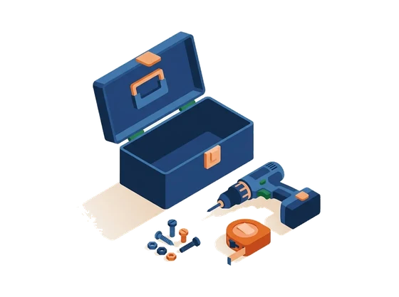Illustration of an open toolbox with a cordless drill, a tape measure and fasteners