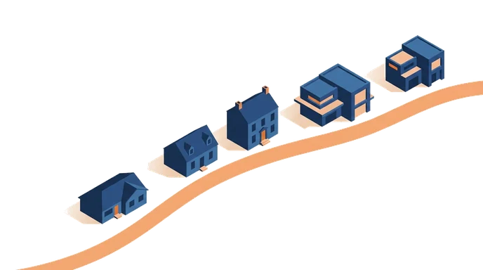 Illustration of five different houses along a winding road, one afternoon of stops