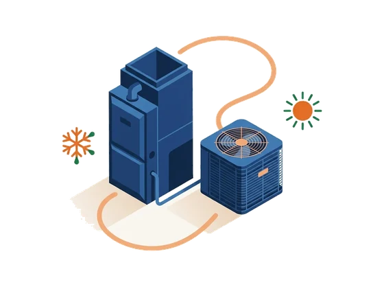 Illustration of a furnace and an outdoor condenser unit linked by an airflow curve, with a snowflake and a sun