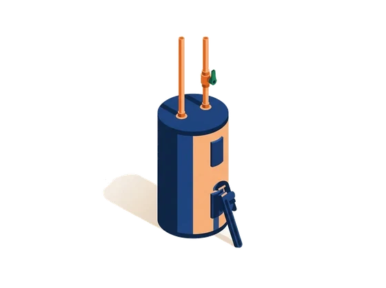 Illustration of a water heater with copper pipe runs, a shut-off valve and a pipe wrench